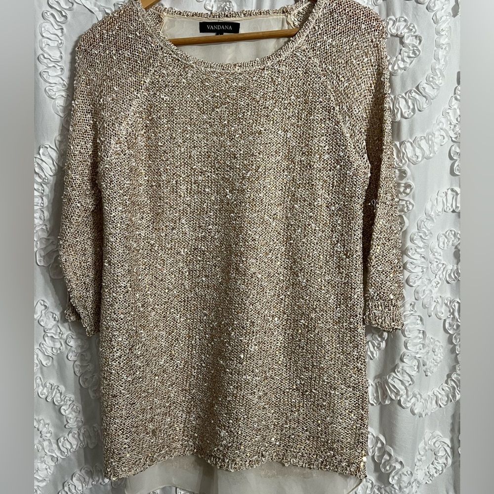 Vandana Beige And Cream Knit And Sheer Layered Sweater.  Size Large
